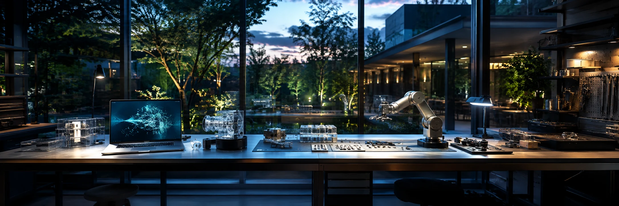 A cinematic maker workspace with a laptop, robotic arm, and prototypes overlooking a green courtyard