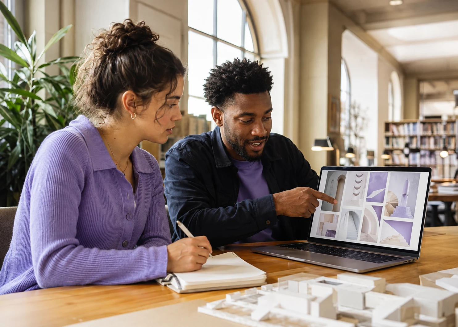 A student discussing her portfolio with a mentor