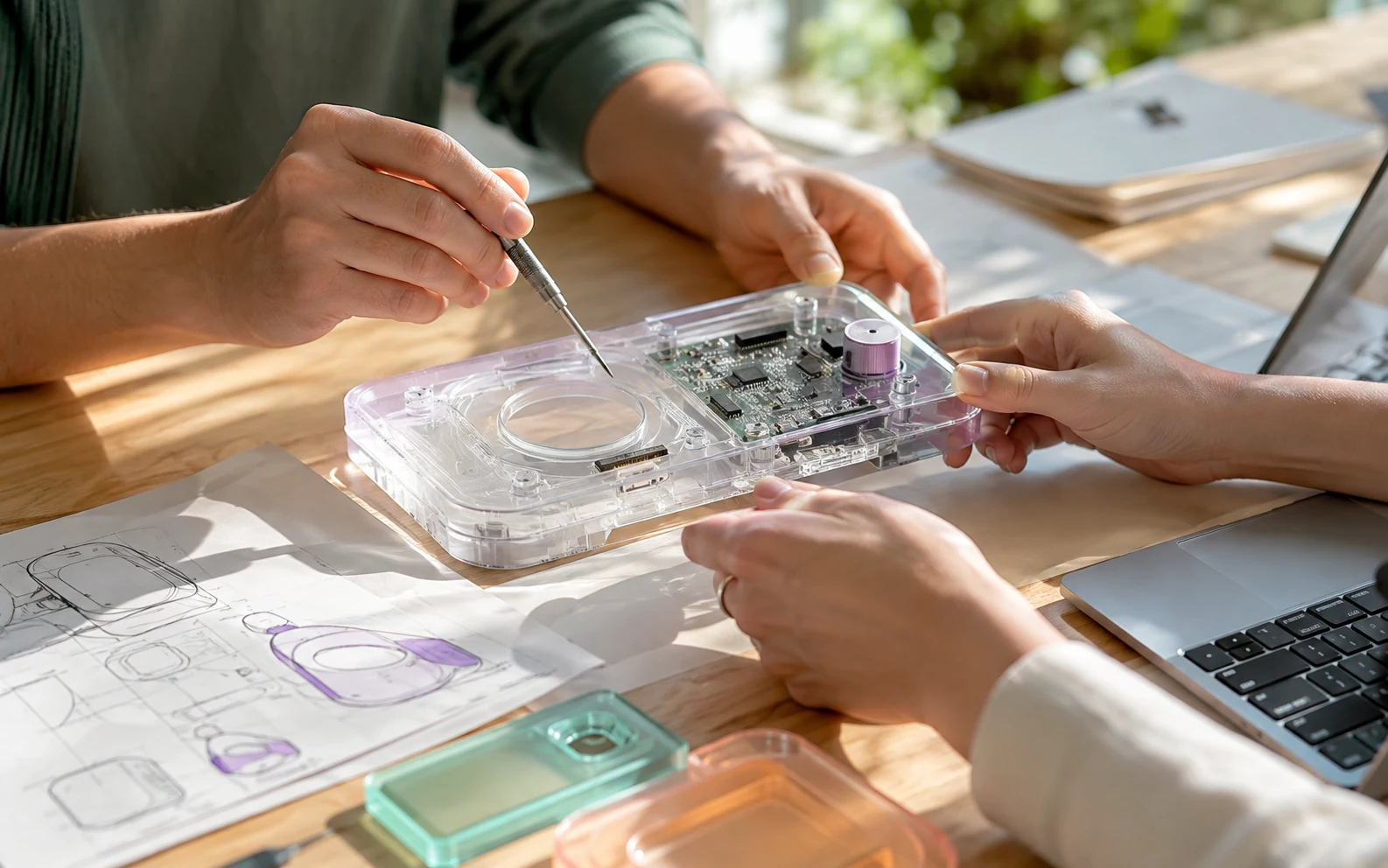 Hands testing and assembling an electronic prototype